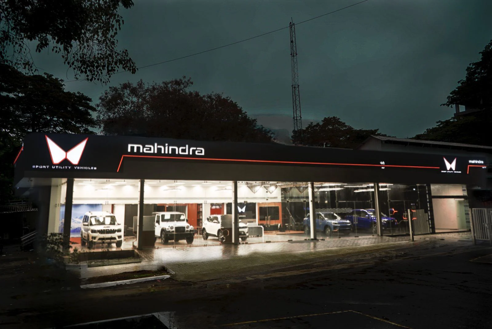 Mahindra Modi showroom at dusk